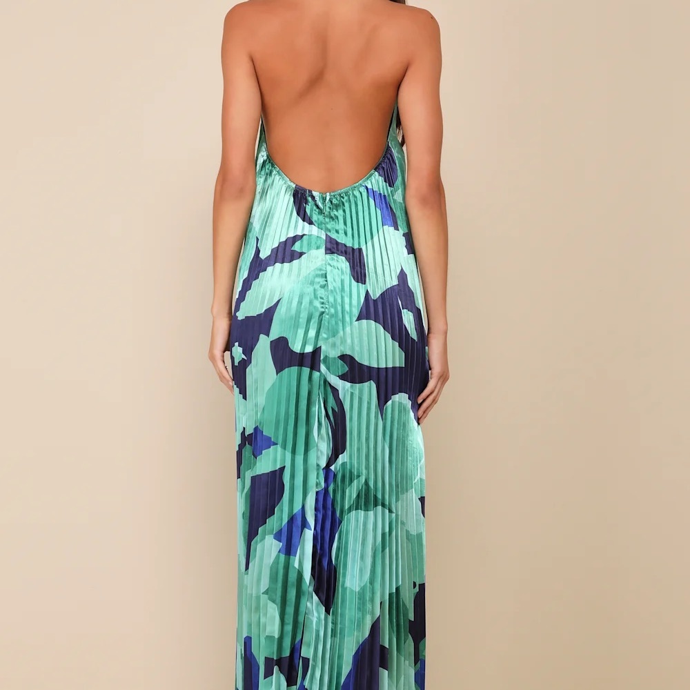 Prime Poise Green and Blue Abstract Satin Halter Maxi Dress - Picture 5 of 6